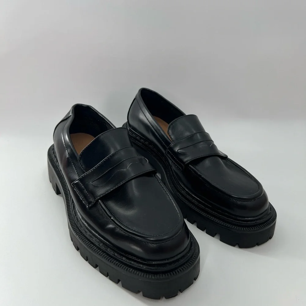 H&M Chunky Platform Black Vegan Leather Slip On Loafers